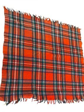 Plaid Stadium Blanket Tartan 100% Wool Blanket /Scarf W/ Fringe Red/ Blue Plaid